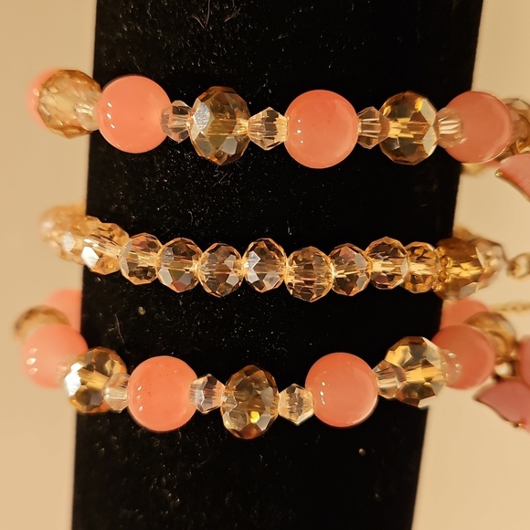 Set Of 3 Pink & Goldtone Crystal & Glass Beaded Stretch Bracelets - Picture 4 of 7